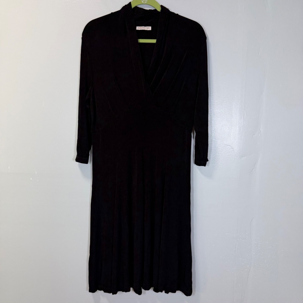 Coldwater Creek Black Ribbed V-Neck Slinky Midi Dress PL 14-16 Travel Business